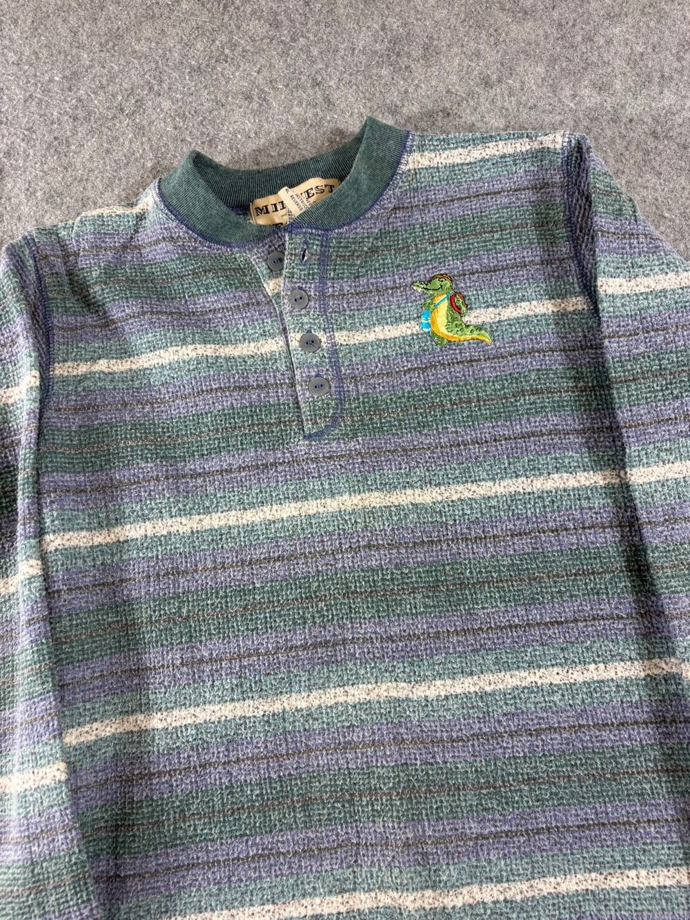 Vintage 90s Henley Shirt Boys Medium 8-10 Green Blue Striped Long Sleeve Retro